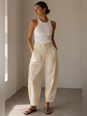 Zara Ecru Balloon Pleated Cotton Trousers | Barrel Leg Pants | Size 4